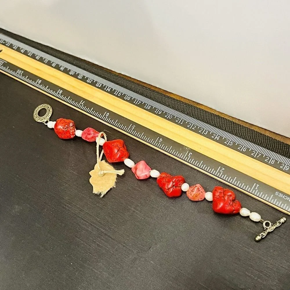 Artisan Bracelet Pearls Pink Red Dyed Howlite Silver Ornate Toggle Clasp 1384